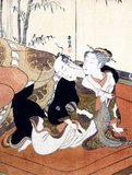 Suzuki Harunobu (鈴木 春信, 1724 – July 7, 1770) was a Japanese woodblock print artist, one of the most famous in the Ukiyo-e style. He was an innovator, the first to produce full-color prints (nishiki-e) in 1765, rendering obsolete the former modes of two- and three-color prints.<br/><br/>Harunobu used many special techniques, and depicted a wide variety of subjects, from classical poems to contemporary beauties (bijin, bijin-ga). Like many artists of his day, Harunobu also produced a number of shunga, or erotic images.<br/><br/>During his lifetime and shortly afterwards, many artists imitated his style. A few, such as Harushige, even boasted of their ability to forge the work of the great master. Much about Harunobu's life is unknown.